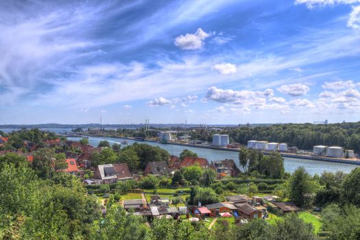 Different views at and from the big Kiel canal bridge in northern germany.