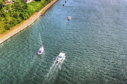 Different views at and from the big Kiel canal bridge in northern germany.