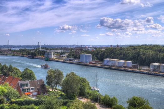 Different views at and from the big Kiel canal bridge in northern germany.