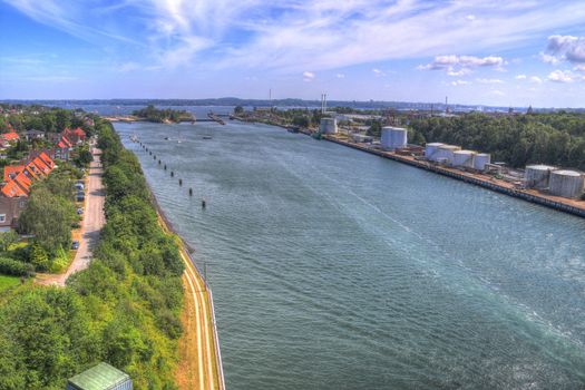 Different views at and from the big Kiel canal bridge in northern germany.