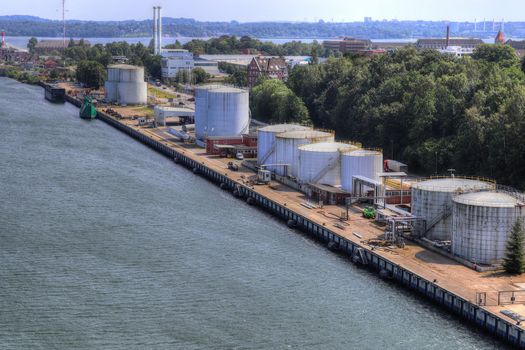 Different views at and from the big Kiel canal bridge in northern germany.