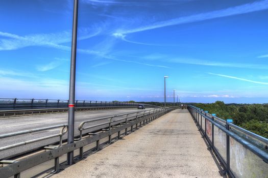 Different views at and from the big Kiel canal bridge in northern germany.