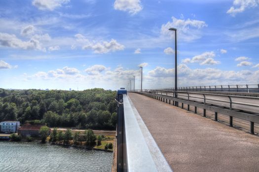 Different views at and from the big Kiel canal bridge in northern germany.