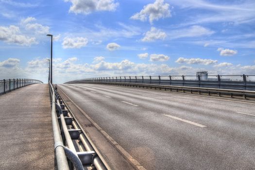 Different views at and from the big Kiel canal bridge in northern germany.