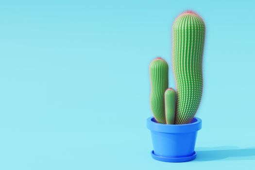 Cactus in cartoon minimal style with a blue background. It is a plant that lives in the western desert. The concept of lover cactus. Copy space for your article on the left. 3D illustration rendering.