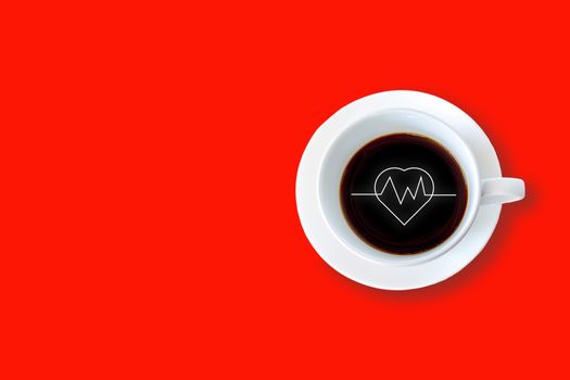 Benefits of coffee for cardiac concept. Top view white cup of hot black coffee with heart and cardiogram on red background with copy space for text.