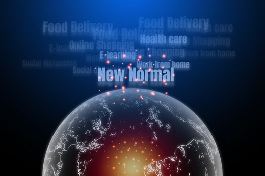 Transparent earth with white word of social distancing, food delivery, shopping online, and health care with orange light on blue and black technology background. New normal concept.