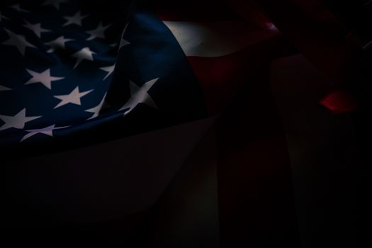 Close-up american flag, USA flag background with copy space. Top view, Dark tone