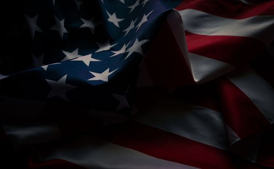 Close-up american flag, USA flag background with copy space. Top view, Dark tone