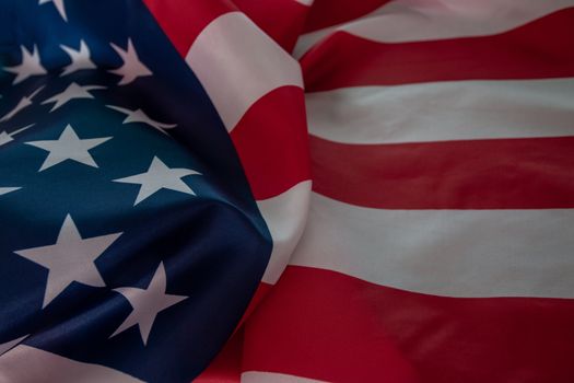 Close-up american flag, USA flag background with copy space. Top view