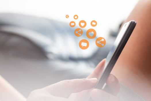 People are using social media on their smart phones, relaxing mood at home.