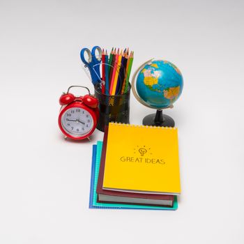 colorful collection of school supplies set on white background. back to school. great ideas