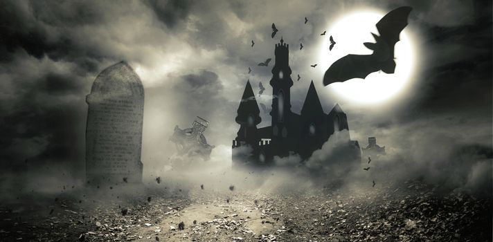 Digitally generated Bats flying to draculas castle