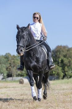  riding girl are training her black horse