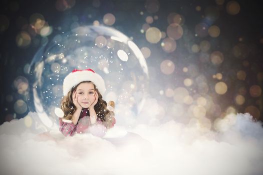 Festive child in snow globe against dark abstract light spot design