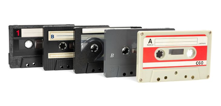 Set of vintage audio tapes isolated on white background with clipping path
