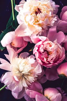 Pink peony flowers as floral art background, botanical flatlay and luxury branding design