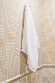 white terry towel hanging in the hotel bathroom