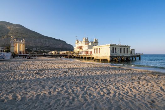 Angled view of Alle Terazze restaurant in the old building of l'Antico Stabilimento Balneare di Mondello in Palermo, Sicily, Southern Italy.