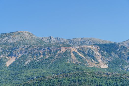 peaks and slopes of mountains covered with vegetation against a blue sky