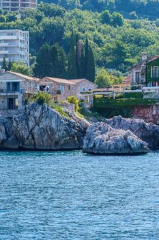 Budva Riviera in Montenegro, view from the sea on a sunny summer day
