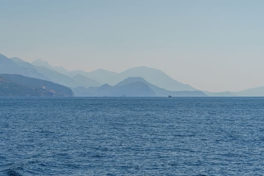 Budva Riviera in Montenegro, view from the sea on a sunny summer day