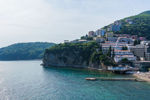 Budva Riviera in Montenegro, view from the sea on a sunny summer day