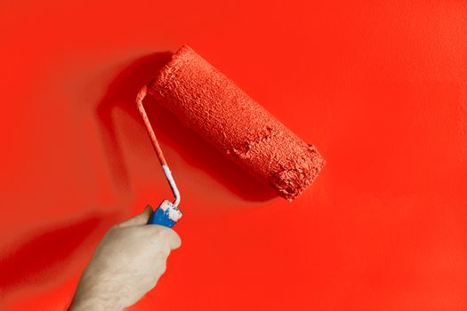 Male hand painting wall with paint roller. Painting apartment, renovating with red color paint