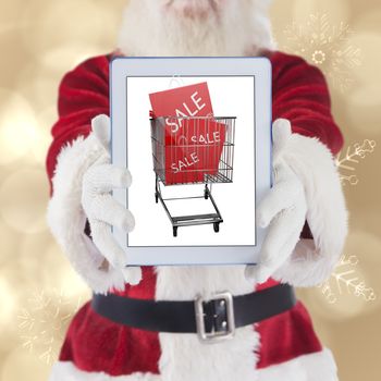 Santa presents a tablet PC against cream snow flake pattern design