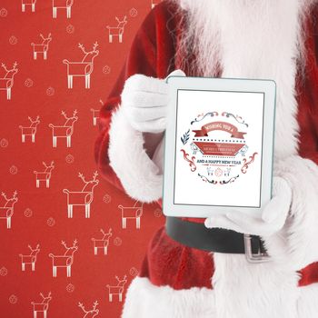 Santa presents a tablet PC against red reindeer pattern