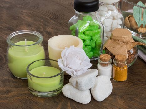 set ingredients and spice for aromatherapy and body care on wooden surface. SPA still life