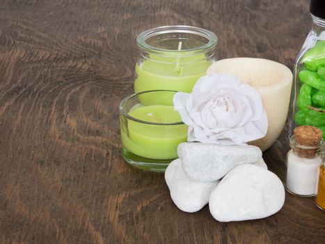 set ingredients and spice for aromatherapy and body care on wooden surface. SPA still life