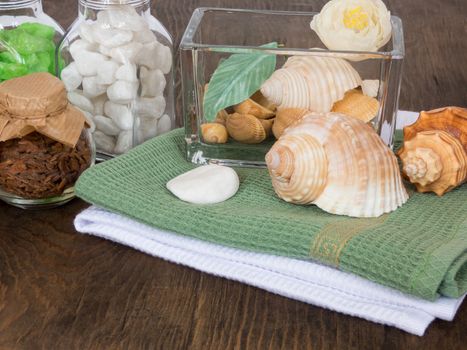 set ingredients and spice for aromatherapy and body care on wooden surface. SPA still life