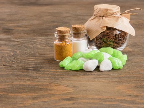 set ingredients and spice for aromatherapy and body care on wooden surface. SPA still life