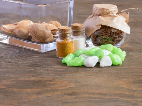 set ingredients and spice for aromatherapy and body care on wooden surface. SPA still life