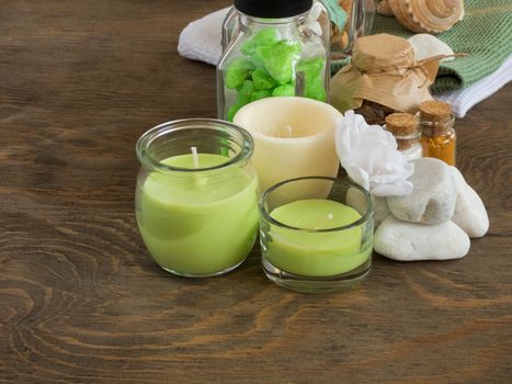 set ingredients and spice for aromatherapy and body care on wooden surface. SPA still life
