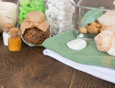 set ingredients and spice for aromatherapy and body care on wooden surface. SPA still life