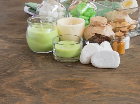 set ingredients and spice for aromatherapy and body care on wooden surface. SPA still life