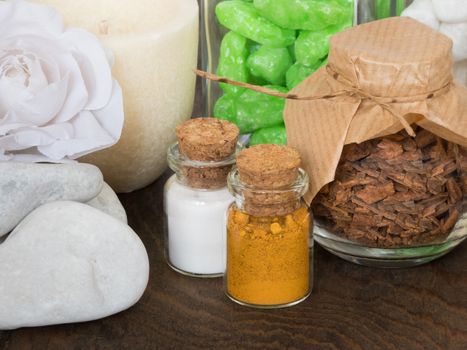 set ingredients and spice for aromatherapy and body care on wooden surface. SPA still life