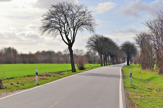 Beautiful view on countryside roads with fields and trees in northern europe.