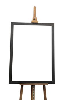 Easel and black wood frame isolated on white background with clipping path