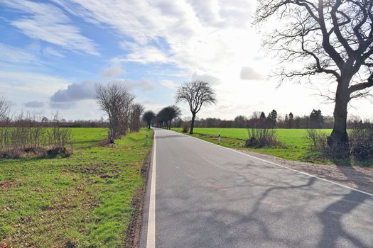 Beautiful view on countryside roads with fields and trees in northern europe.