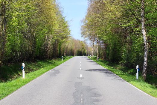 Beautiful view on countryside roads with fields and trees in northern europe.