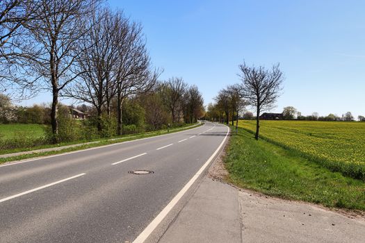 Beautiful view on countryside roads with fields and trees in northern europe.