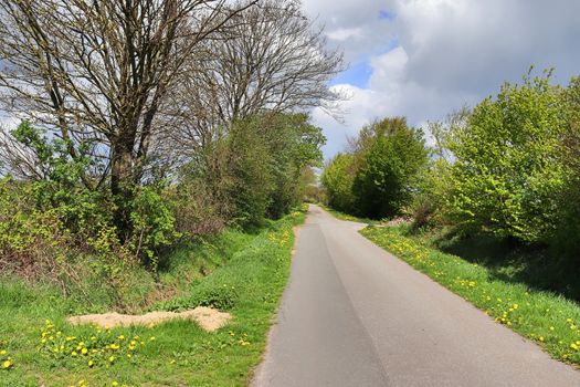 Beautiful view on countryside roads with fields and trees in northern europe.