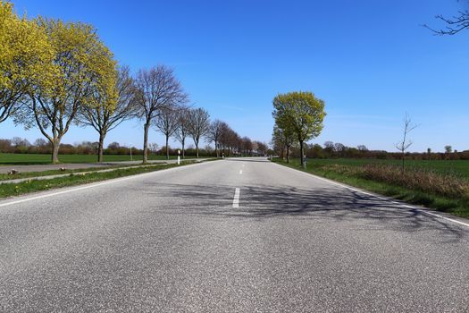 Beautiful view on countryside roads with fields and trees in northern europe.