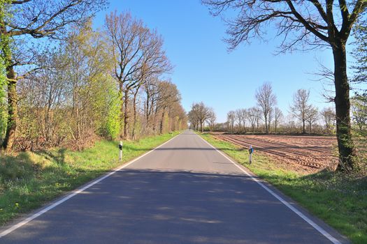 Beautiful view on countryside roads with fields and trees in northern europe.