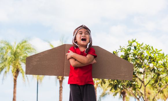 Happy Asian funny child or kid little boy smile wear pilot hat and goggles play toy cardboard airplane wing fly stand crossed arm against summer sky cloud on garden background, Startup freedom concept