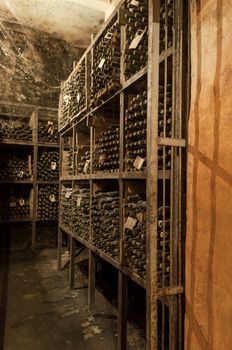 a lot of old wine bottles in the web in the wine cellar on the shelves