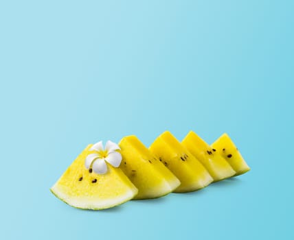 Minimal summer design of yellow watermelon with white flower on blue background with copy space